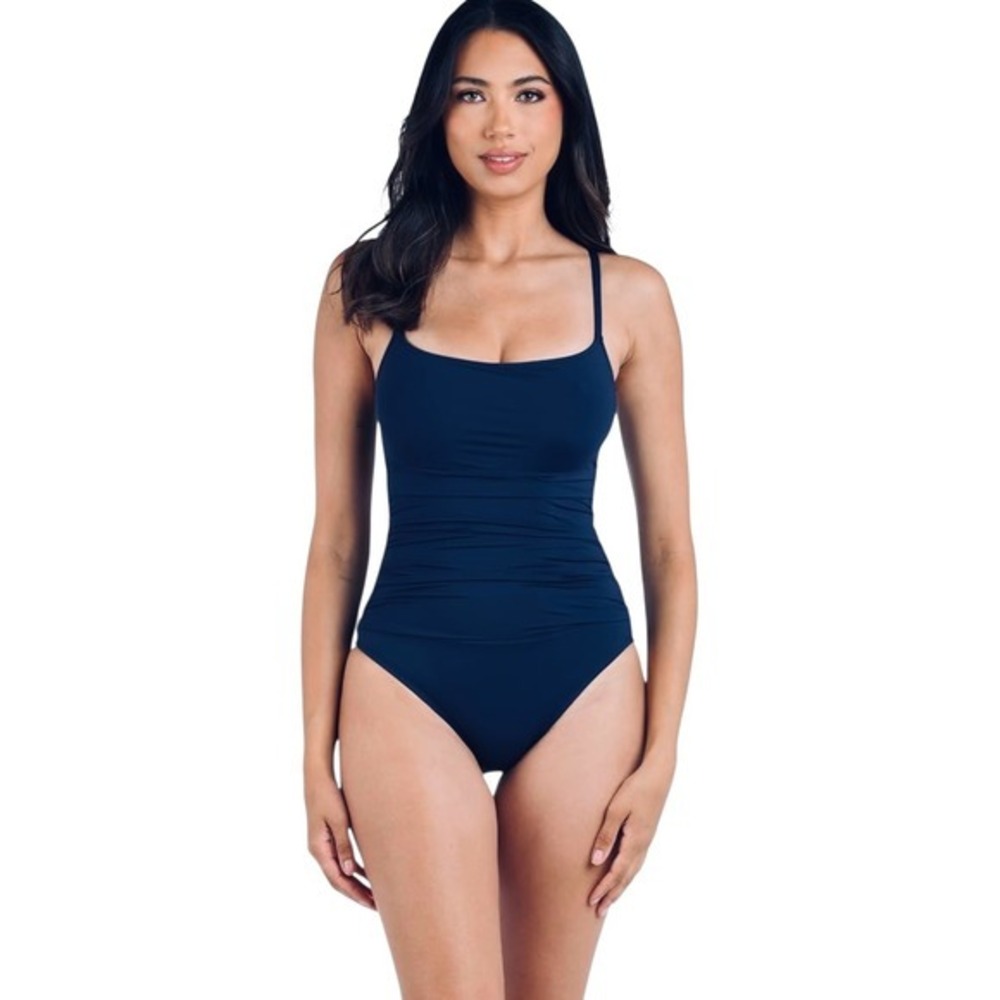 La Blanca Women's Ruched One Piece Swimsuit Tummy Control Navy Blue UPF 50+